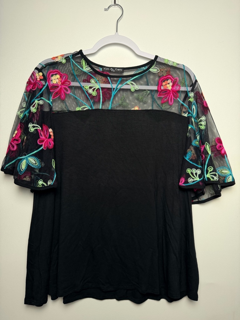 Kim & Cami Womens Large Blouse Black Short Bell Sleeve Floral Mesh Yoke BOHO Art